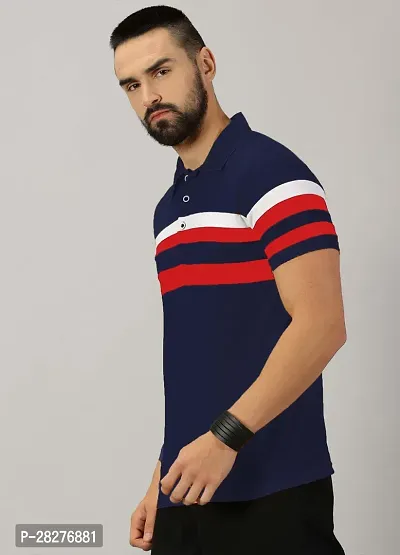 Stylish Cotton Blend Navy Blue Striped Polos Short Sleeves For Men-thumb4