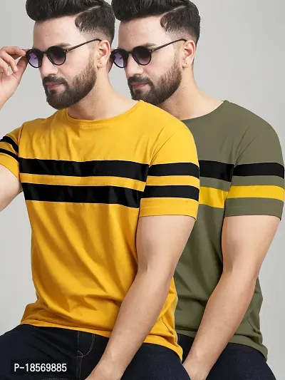 Stylish Cotton Blend Multicoloured Colourblocked Round Neck Tees Short Sleeves For Men Pack Of 2-thumb0