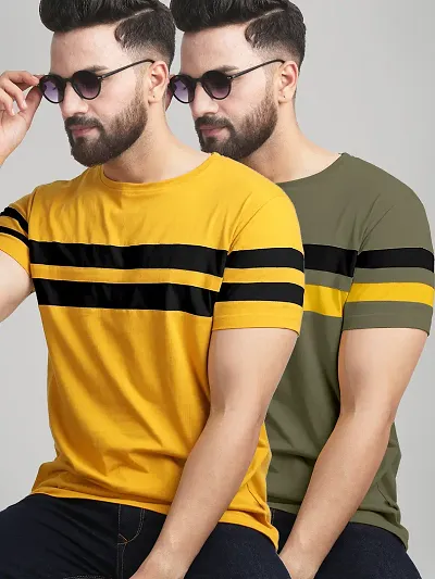 Elegant Blend Colourblocked Round Neck Tees For Men- Pack Of 2