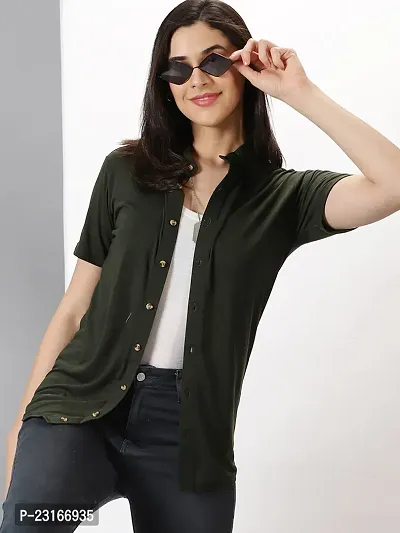 Elegant Green Cotton Blend Solid Shirts For Women