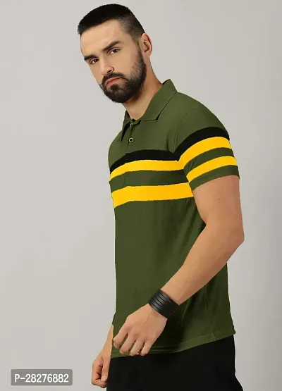 Stylish Cotton Blend Olive Striped Polos Short Sleeves For Men-thumb4