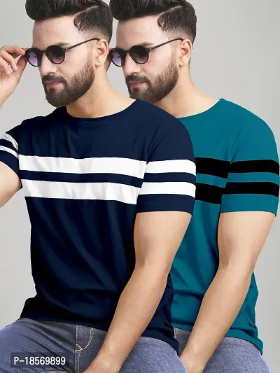 Stylish Cotton Blend Multicoloured Colourblocked Round Neck Tees Short Sleeves For Men Pack Of 2-thumb0