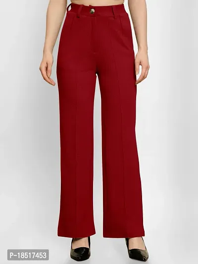 Elegant Maroon Polyester Blend Solid Trousers For Women
