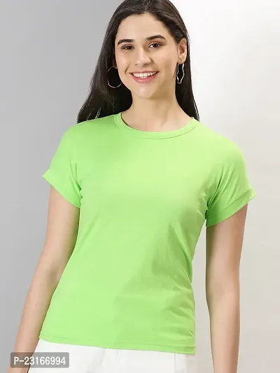 Elegant Green Cotton Blend Solid T-Shirts For Women
