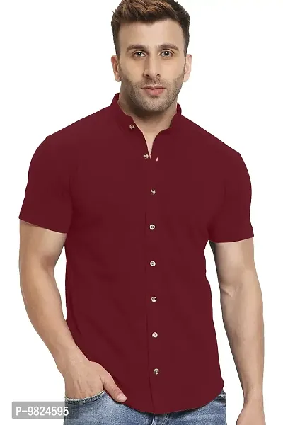 GESPO Men's Shirts Half Sleeves Mandarin Collar(Maroon-Large)