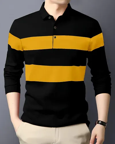 Cotton Blend Coloublocked Full-sleeve Polo T-shirt for Men