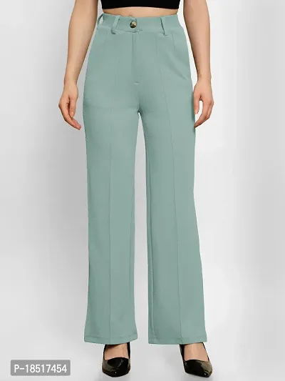 Elegant Moss Green Polyester Blend Solid Trousers For Women