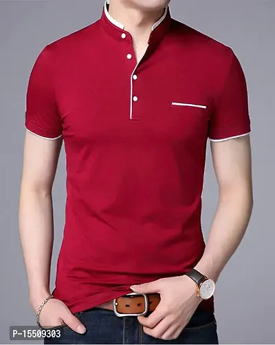 Reliable Red Cotton Blend Solid Henley Tees For Men