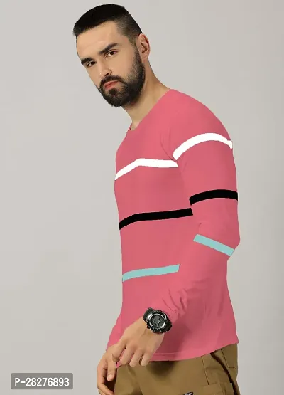 Stylish Peach Cotton Blend Striped Round Neck Tees For Men-thumb4