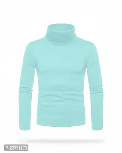 Stylish Cotton Blend Blue Solid High Neck Tees Long Sleeves For Men-thumb2