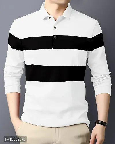 Stylish Cotton Blend Multicoloured Colourblocked Polos Long Sleeves For Men