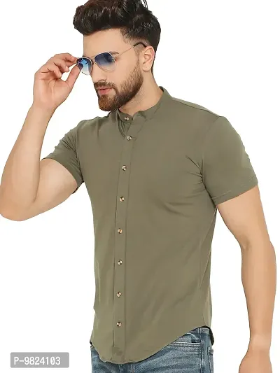 GESPO Men's Solid Green Mandarin Collar Half Sleeve Casual Shirt-thumb0