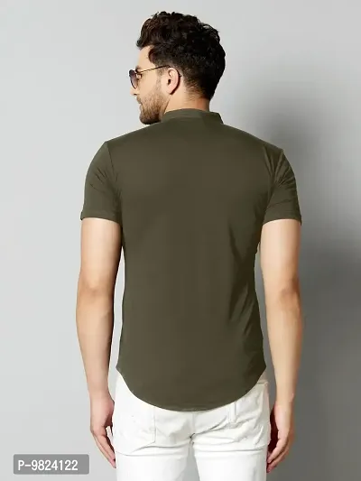 GESPO Men's Solid Dark Green Mandarin Collar Half Sleeve Casual Shirt-thumb2