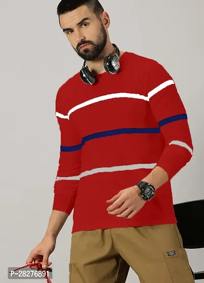 Stylish Red Cotton Blend Striped Round Neck Tees For Men-thumb0