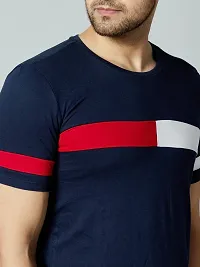 Stylish Cotton Navy Blue Colourblocked Round Neck Tees Short Sleeves For Men-thumb3