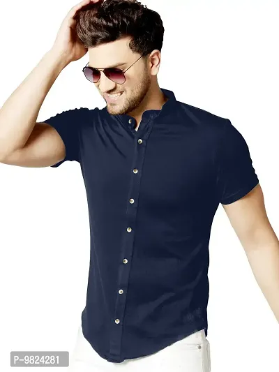 GESPO Men's Navy Blue Mandarin Collar Half Sleeve Casual Shirt