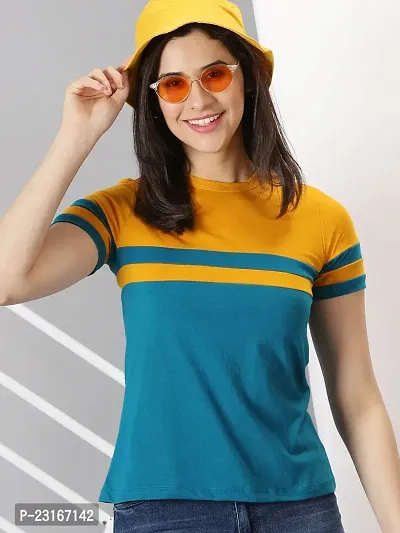 Elegant Blue Cotton Blend Striped T-Shirts For Women