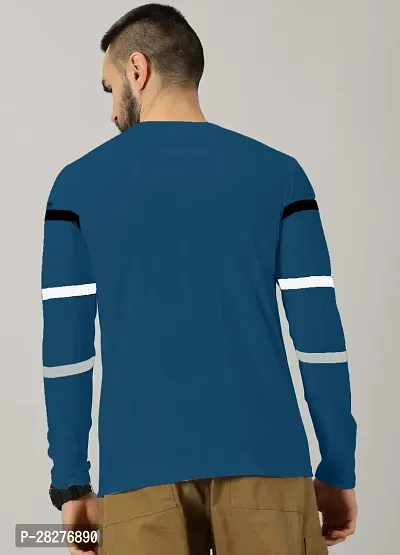 Stylish Teal Cotton Blend Striped Round Neck Tees For Men-thumb2