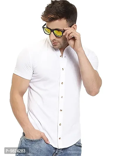 GESPO Men's White Mandarin Collar Half Sleeve Casual Shirt