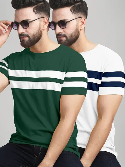 Stylish  Cotton Blend Colourblocked Round Neck Tees For Men- Pack Of 2