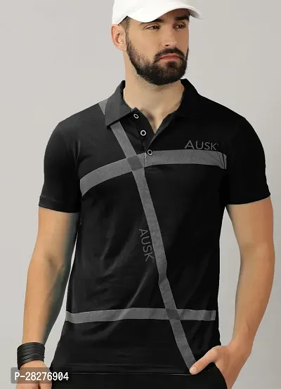 Stylish Black Cotton Blend Printed Polos For Men