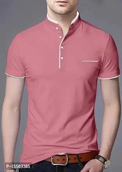 Reliable Peach Cotton Blend Solid Henley Tees For Men-thumb0