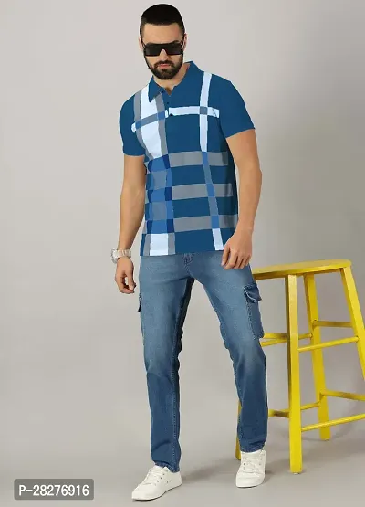 Stylish Teal Cotton Blend Printed Polos For Men-thumb5