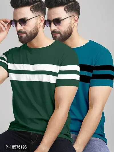 Stylish Cotton Blend Multicoloured Colourblocked Round Neck Tees Short Sleeves For Men Pack Of 2