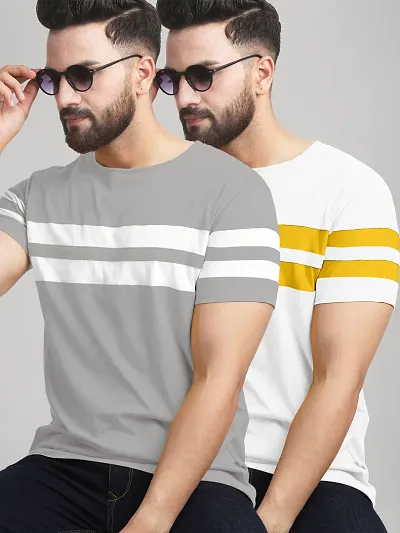 New trendy Stylish Cotton Blend Colourblocked Round Neck Tees For Men- Pack Of 2