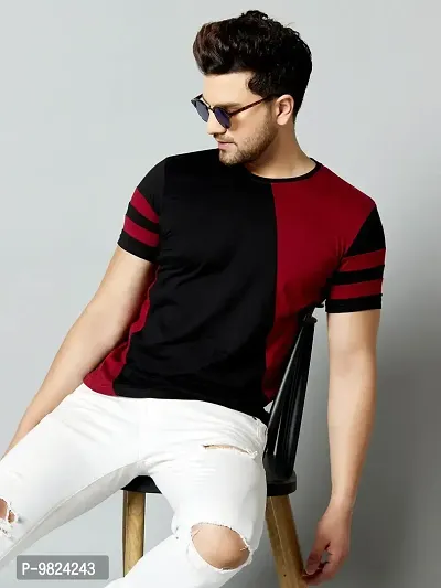 Stylish Cotton Black Colourblocked Round Neck Tees Short Sleeves For Men-thumb4