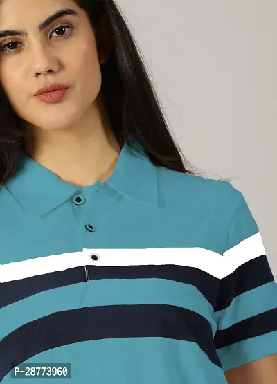 Elegant Blue Cotton Blend Colourblocked Tshirt For Women-thumb2