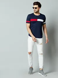 Stylish Cotton Navy Blue Colourblocked Round Neck Tees Short Sleeves For Men-thumb2