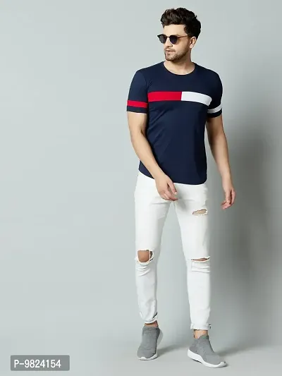 Stylish Cotton Navy Blue Colourblocked Round Neck Tees Short Sleeves For Men-thumb3