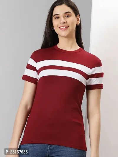 Elegant Maroon Cotton Blend Striped T-Shirts For Women
