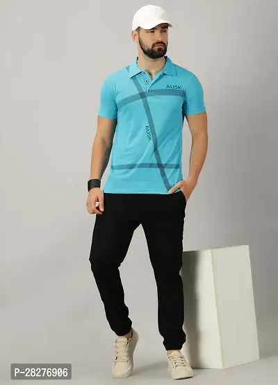 Stylish Aqua Blue Cotton Blend Printed Polos For Men-thumb5