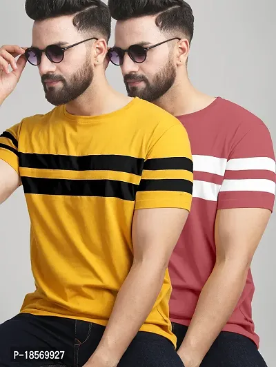 Stylish Cotton Blend Multicoloured Colourblocked Round Neck Tees Short Sleeves For Men Pack Of 2-thumb0