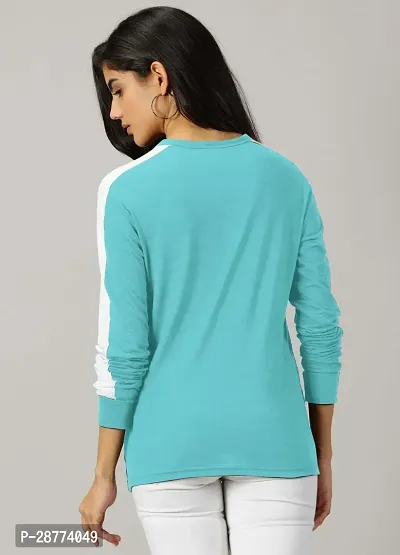 Elegant Turquoise Cotton Blend Colourblocked Tshirt For Women-thumb3