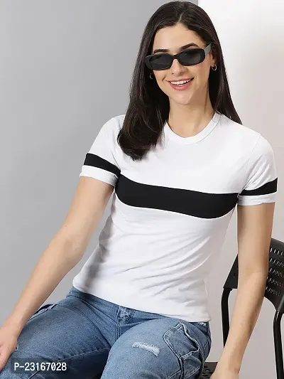 Elegant White Cotton Blend Striped T-Shirts For Women