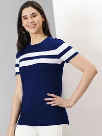 Elegant Navy Blue Cotton Blend Striped T-Shirts For Women-thumb3