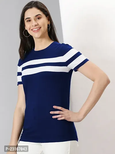 Elegant Navy Blue Cotton Blend Striped T-Shirts For Women-thumb4