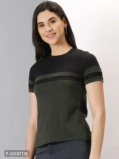 Elegant Green Cotton Blend Striped T-Shirts For Women-thumb4