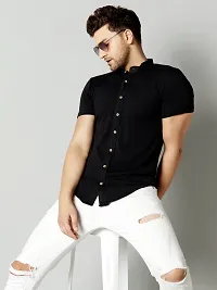 GESPO Men's Black Mandarin Collar Half Sleeve Casual Shirt-thumb2