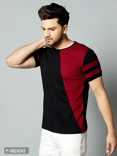 Stylish Cotton Black Colourblocked Round Neck Tees Short Sleeves For Men-thumb3