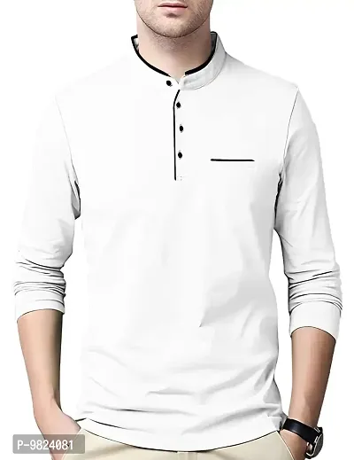 AUSK Men's Cotton Henley Neck Full Sleeve Solid Regular Fit T-Shirt (Large; White)