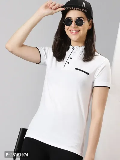 Elegant White Cotton Blend Solid T-Shirts For Women