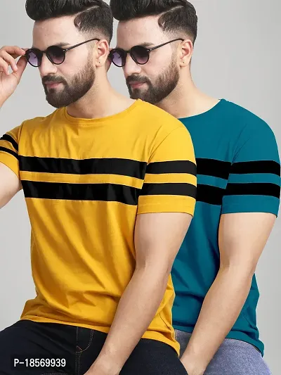 Stylish Cotton Blend Multicoloured Colourblocked Round Neck Tees Short Sleeves For Men Pack Of 2