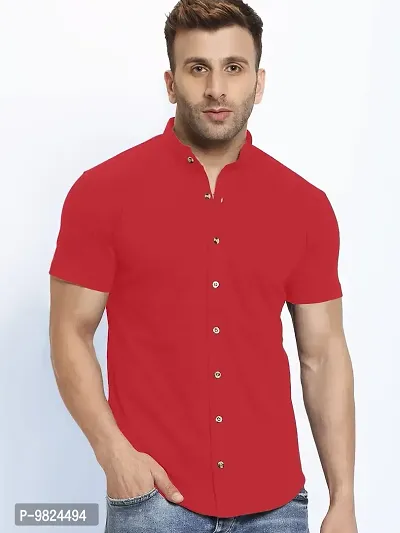 GESPO Men's Shirts Half Sleeves Mandarin Collar(Red-Small)-thumb4