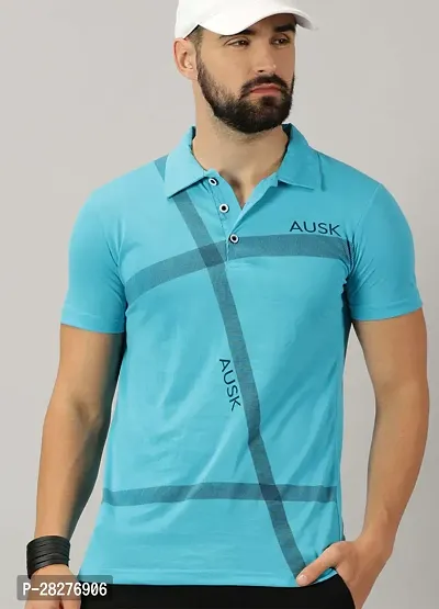 Stylish Aqua Blue Cotton Blend Printed Polos For Men