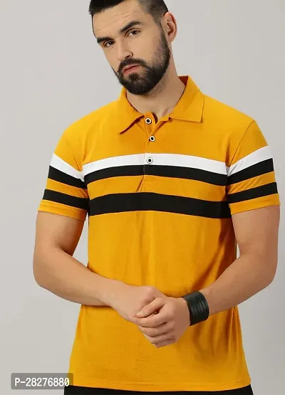 Stylish Mustard Cotton Blend Striped Polos For Men