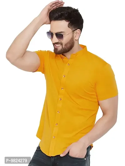 GESPO Men's Mustard Mandarin Collar Half Sleeve Casual Shirt